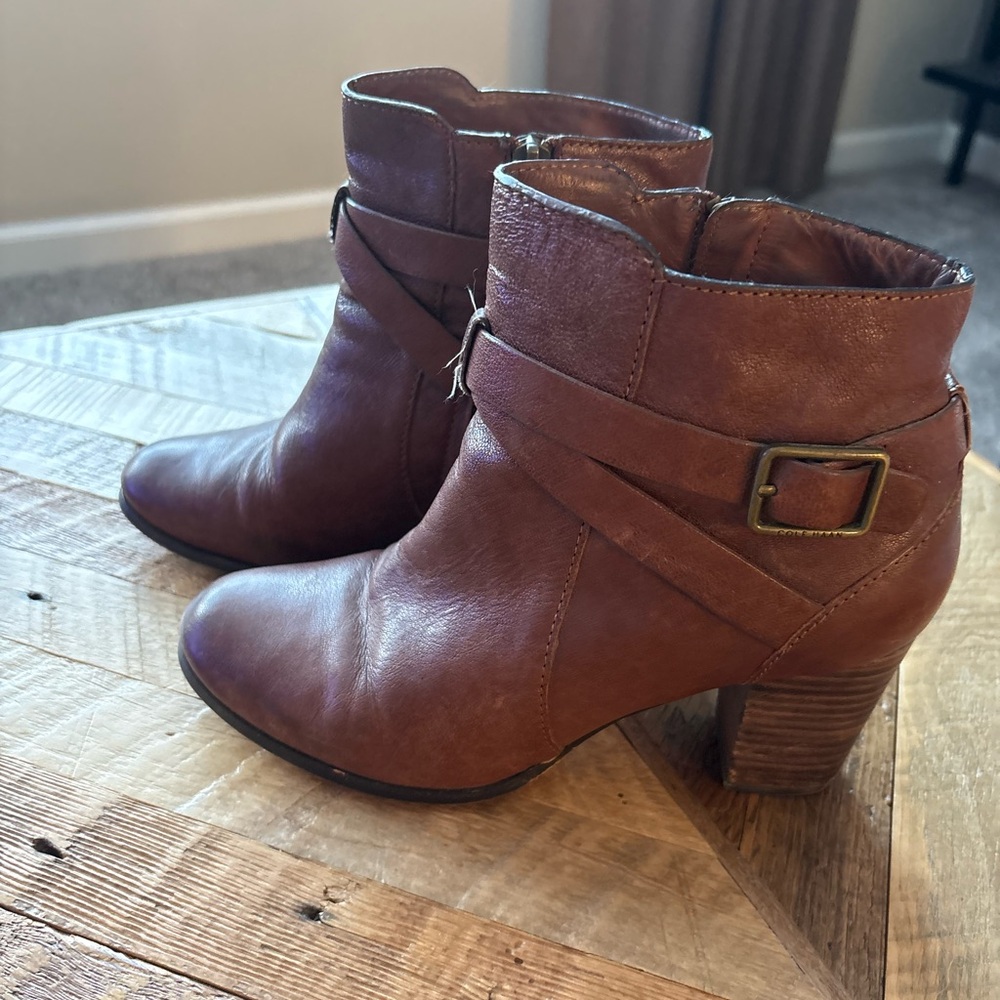 Cole Haan Chestnut Brown Leather Ankle Booties with Buckle